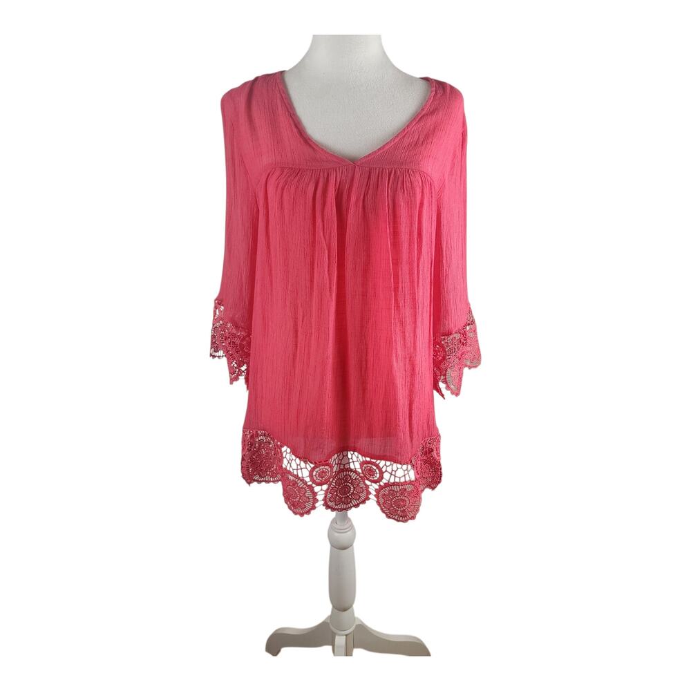 Fyre Pink Blouse Crochet Hem V-Neck 3/4 Sleeves Women's XL